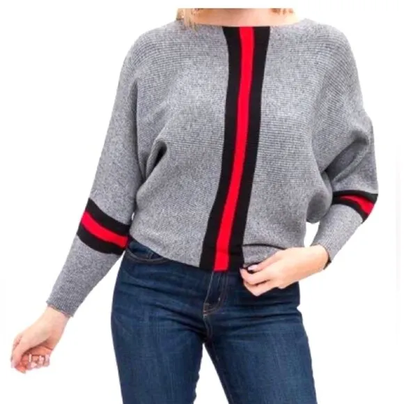 CCC Gray Batwing Crop Top Sweater Red Black Stripes Chic Style Comfortable Versa