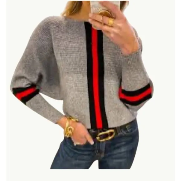 CCC Gray Batwing Crop Top Sweater Red Black Stripes Chic Style Comfortable Versa