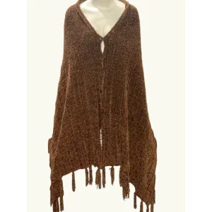 CCC Handmade Brown Knitted Shawl Wrap Fringe Edges One Size Casual Winter Nights
