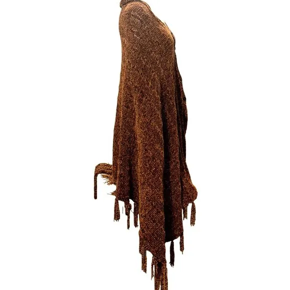 CCC Handmade Brown Knitted Shawl Wrap Fringe Edges One Size Casual Winter Nights
