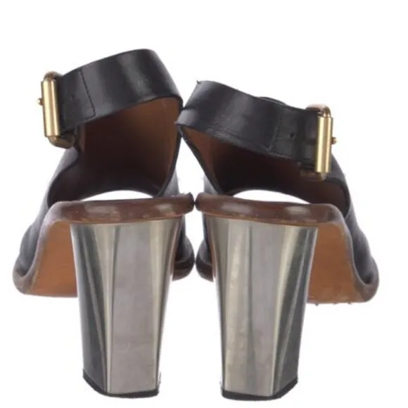 Celine Paris Black Genuine Leather Slingback Silver Block Heels/Mules/Sandals