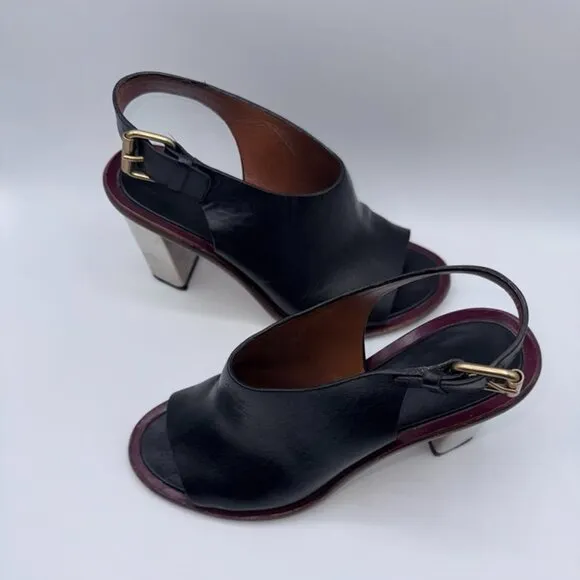 Celine Paris Black Genuine Leather Slingback Silver Block Heels/Mules/Sandals