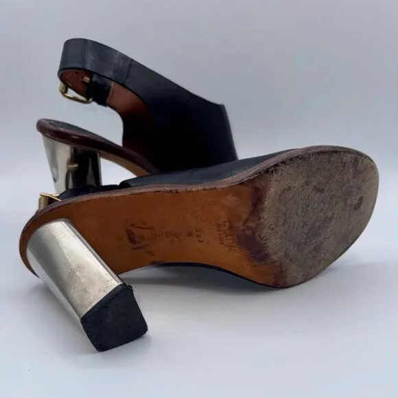 Celine Paris Black Genuine Leather Slingback Silver Block Heels/Mules/Sandals