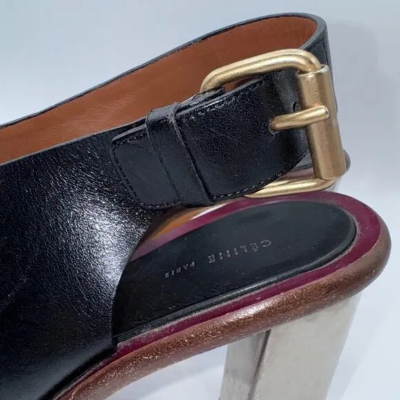 Celine Paris Black Genuine Leather Slingback Silver Block Heels/Mules/Sandals