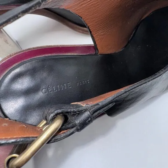 Celine Paris Black Genuine Leather Slingback Silver Block Heels/Mules/Sandals