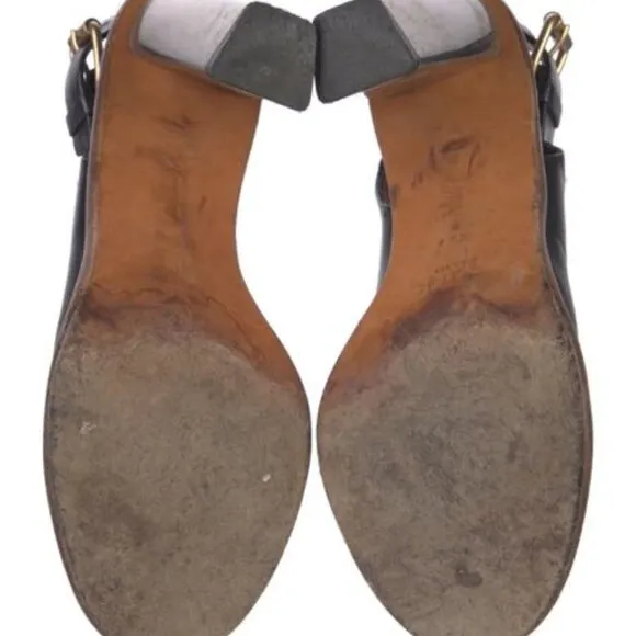 Celine Paris Black Genuine Leather Slingback Silver Block Heels/Mules/Sandals
