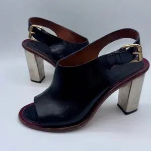 Celine Paris Black Genuine Leather Slingback Silver Block Heels/Mules/Sandals