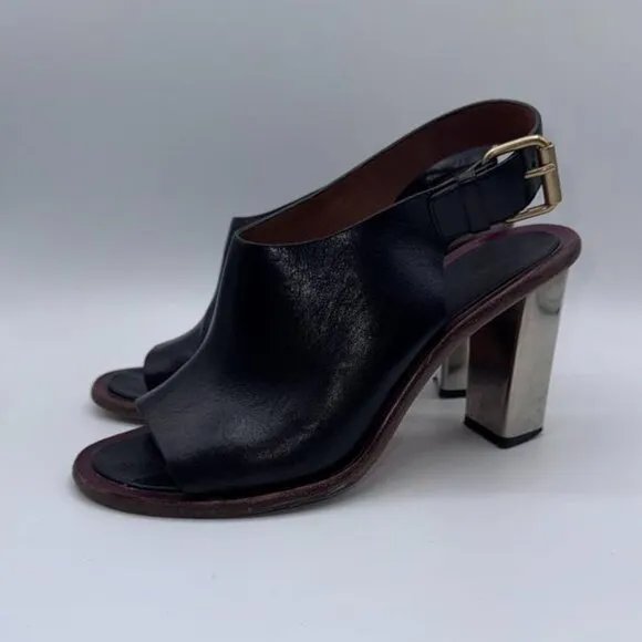 Celine Paris Black Genuine Leather Slingback Silver Block Heels/Mules/Sandals