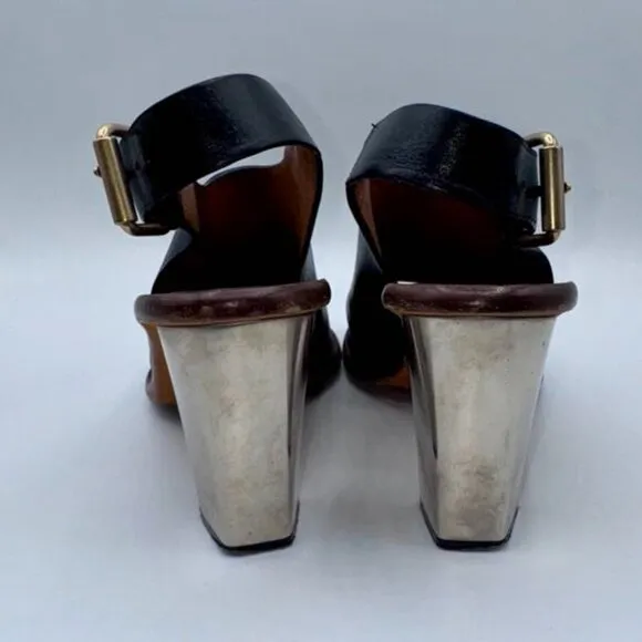 Celine Paris Black Genuine Leather Slingback Silver Block Heels/Mules/Sandals