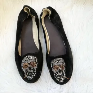Cento Black Suede Skull Slip On Loafer Flats 40