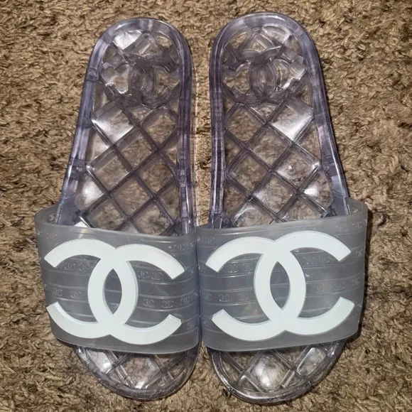 CHANEL Clear Logo Slide Sandals