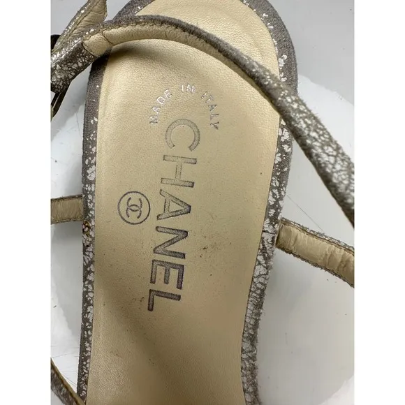 Chanel Flower Thong Sandal Ankle Strap Leather Silver Size 36 - AMPUTEE SINGLE