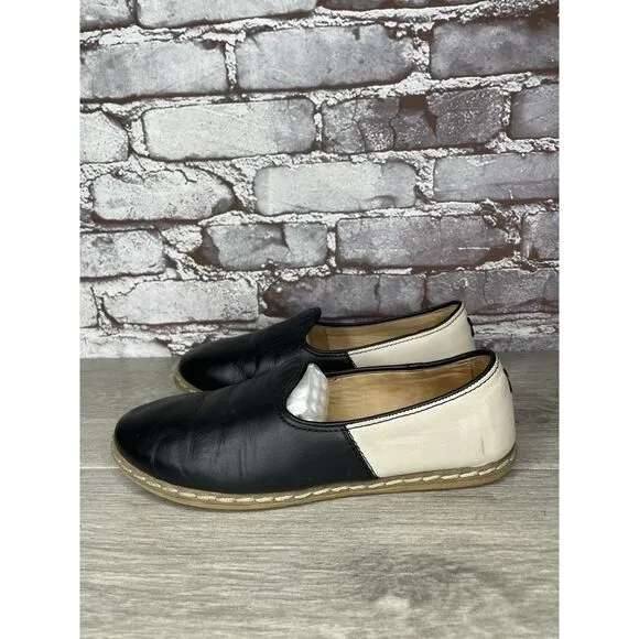 Charix Black Leather Ivory Classic Slip On Loafers Flats Shoes Women 36EU/6M US