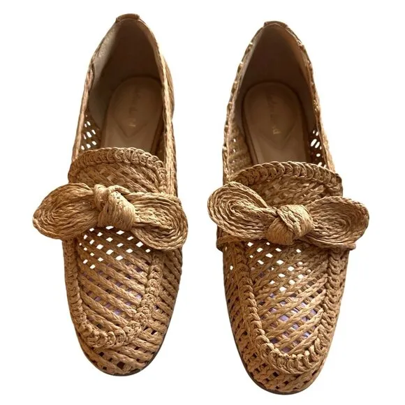 Charles David Finite Natural Woven Raffia Loafers Bow Detail Oval Toe Size 8.5