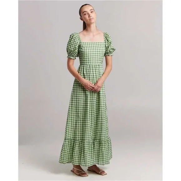 CHARLIE HOLIDAY Anthropologie Green‎ Gingham Paris Maxi Dress Size 4