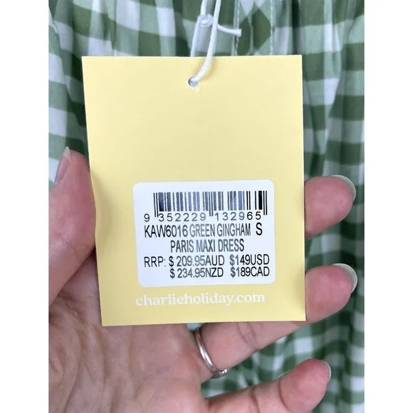 CHARLIE HOLIDAY Anthropologie Green‎ Gingham Paris Maxi Dress Size 4