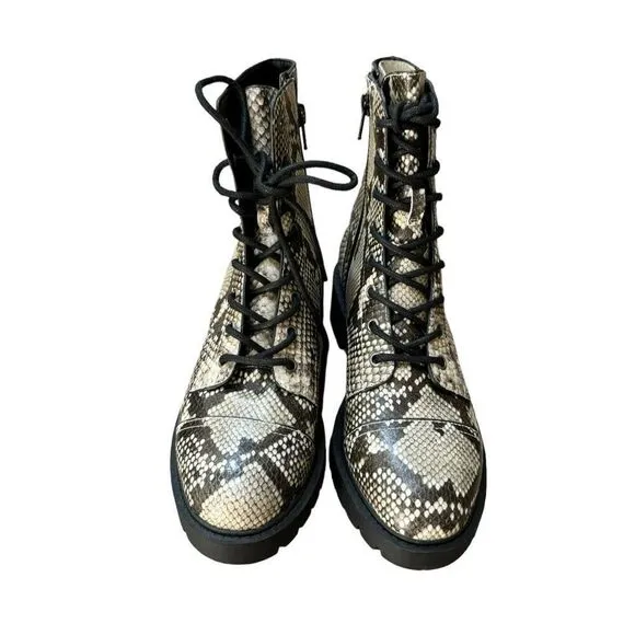 Chelsea &amp; Violet CV War Snake Print leather Combat Block Heel Boots sz 8.5 NWOB