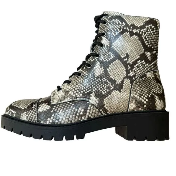 Chelsea &amp; Violet CV War Snake Print leather Combat Block Heel Boots sz 8.5 NWOB