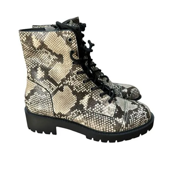 Chelsea &amp; Violet CV War Snake Print leather Combat Block Heel Boots sz 8.5 NWOB