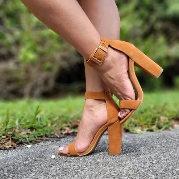 Chestnut Chunky Block Heels Open Toe Casual Sandals