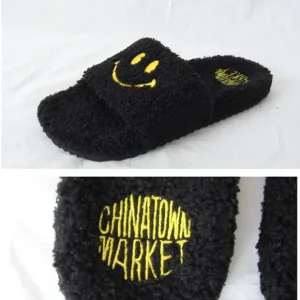 CHINATOWN MARKET 'Smiley' Black Sherpa Slides Shearling Black Slide Sandals SZ L
