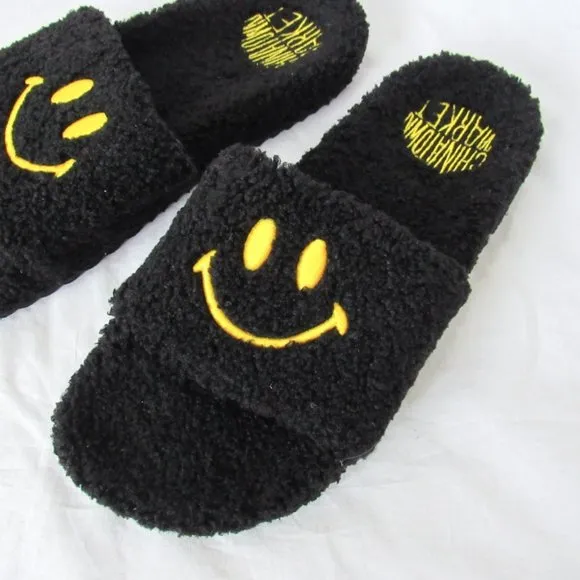 CHINATOWN MARKET 'Smiley' Black Sherpa Slides Shearling Black Slide Sandals SZ L
