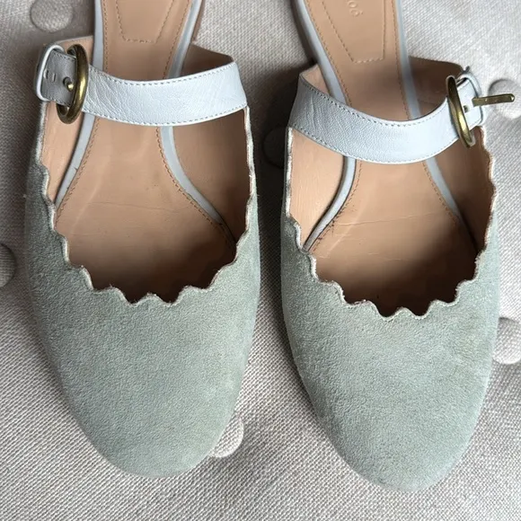 Chloe Lauren Scalloped Mules Suede Light Green Teal Suede Mary Jane Slides 38
