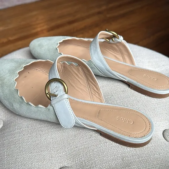 Chloe Lauren Scalloped Mules Suede Light Green Teal Suede Mary Jane Slides 38