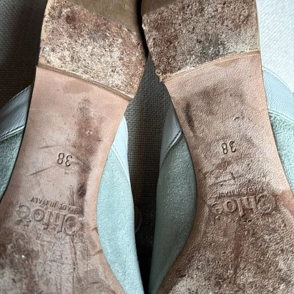 Chloe Lauren Scalloped Mules Suede Light Green Teal Suede Mary Jane Slides 38