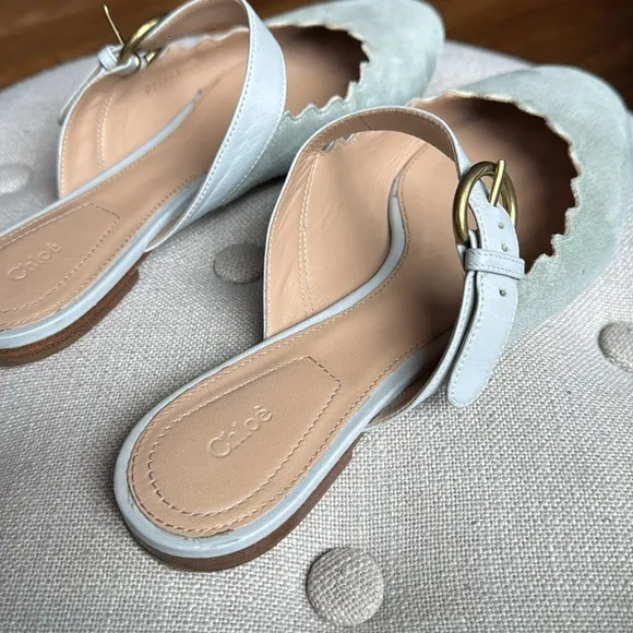 Chloe Lauren Scalloped Mules Suede Light Green Teal Suede Mary Jane Slides 38