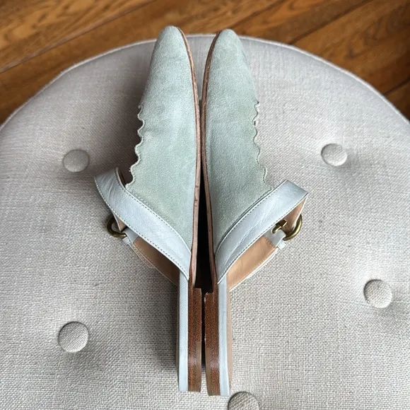 Chloe Lauren Scalloped Mules Suede Light Green Teal Suede Mary Jane Slides 38