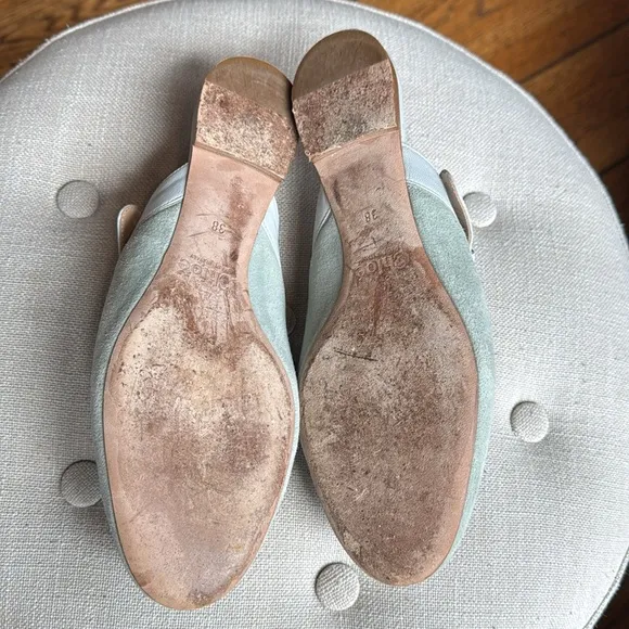 Chloe Lauren Scalloped Mules Suede Light Green Teal Suede Mary Jane Slides 38