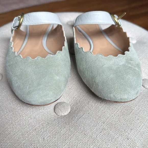 Chloe Lauren Scalloped Mules Suede Light Green Teal Suede Mary Jane Slides 38