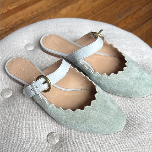 Chloe Lauren Scalloped Mules Suede Light Green Teal Suede Mary Jane Slides 38