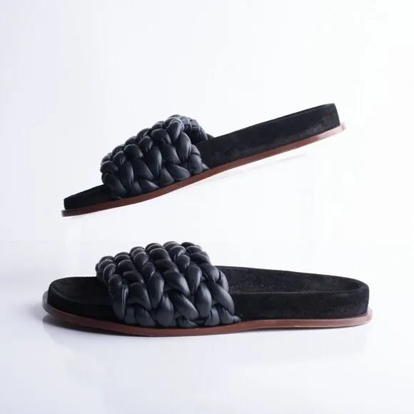 Chloe Womens Black Kacey Flats Braided Slide Sandals Shoe Leather US 8 EU 38