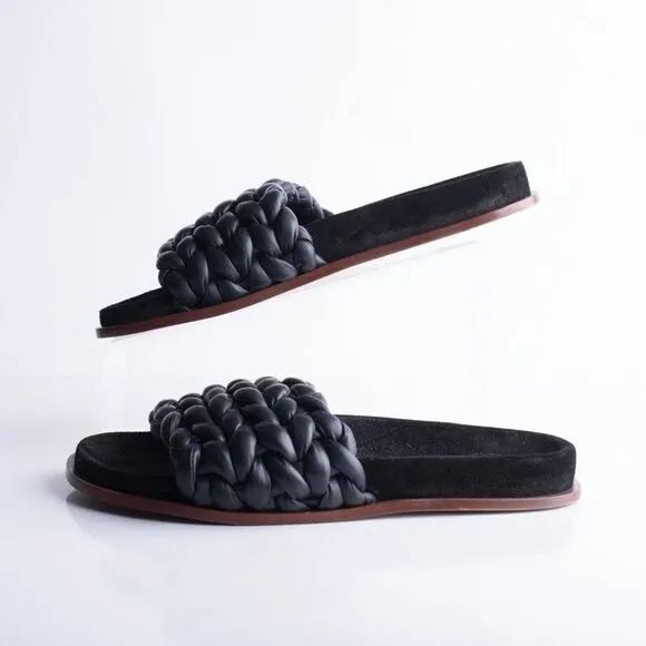 Chloe Womens Black Kacey Flats Braided Slide Sandals Shoe Leather US 8 EU 38