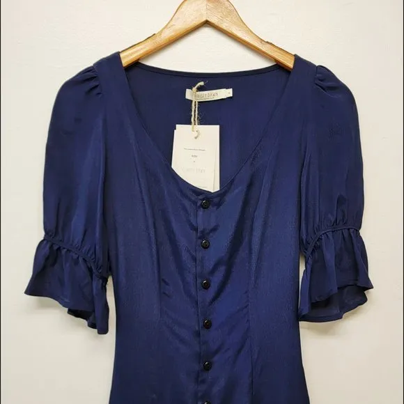 Christy Dawn Lennon Dress XS Midnight Navy Blue Puff Sleeves Midi Boho Country