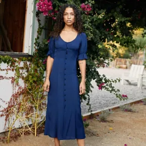 Christy Dawn Lennon Dress XS Midnight Navy Blue Puff Sleeves Midi Boho Country