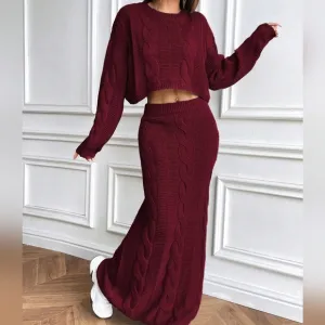 Chunky Cable Knit Crew Neck Oversized Short Sweater   Maxi A-Line Skirt Set