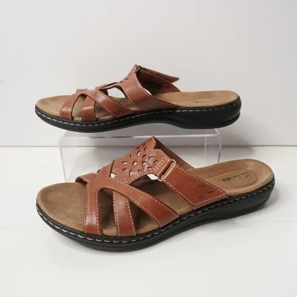 Clarks Brown Leather Sandals Shoes Womens 10 Slip On Neutral Comfort Boho Chic