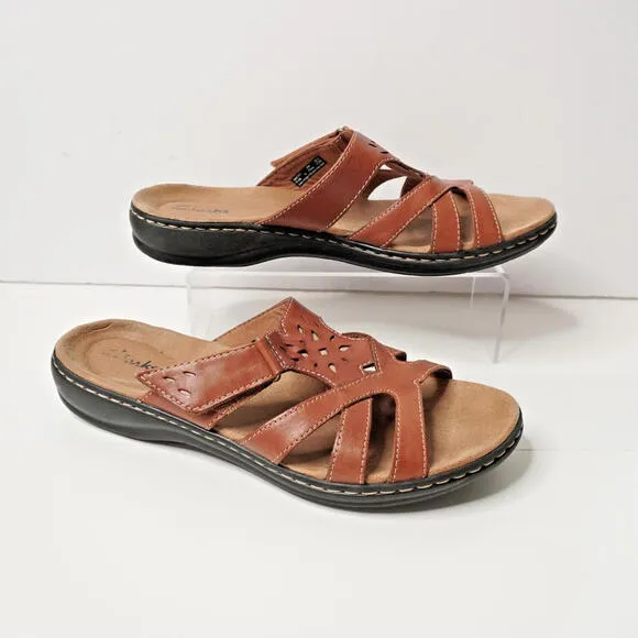 Clarks Brown Leather Sandals Shoes Womens 10 Slip On Neutral Comfort Boho Chic