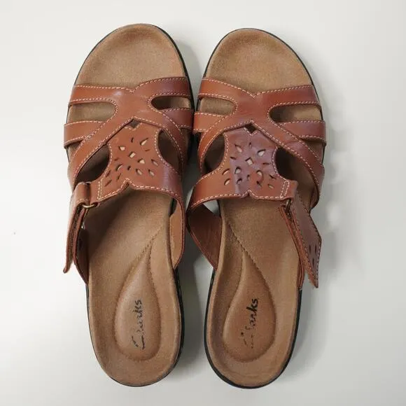 Clarks Brown Leather Sandals Shoes Womens 10 Slip On Neutral Comfort Boho Chic