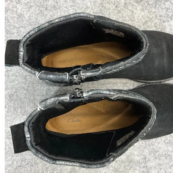 Clarks Caroline Lily Black Suede Leather Side Zip Ankle Boots Women 10/41.5