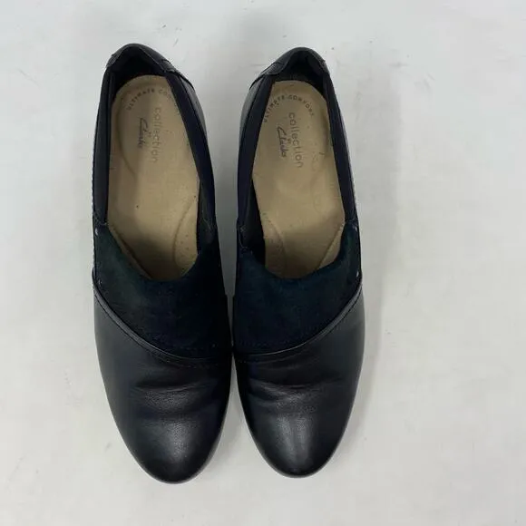 Clarks Emily Step Heel Loafers Black Leather Womens Size 9