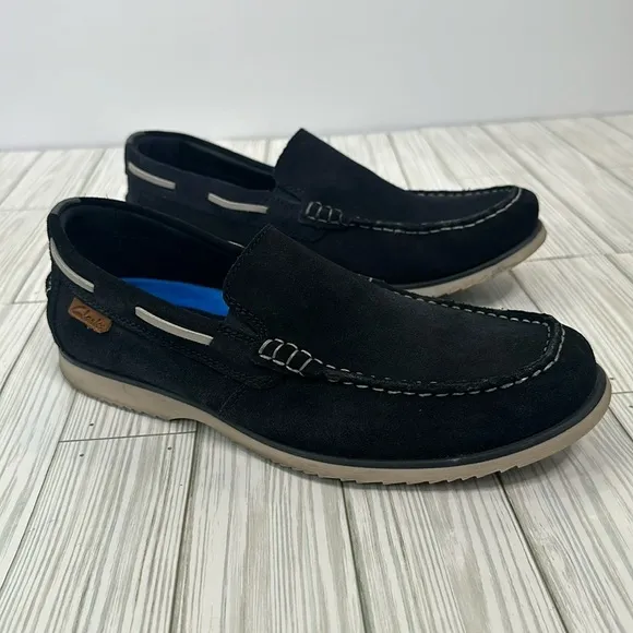 Clarks Noonan Cushioned Moccasins Loafers Slip-On Navy Suede Mens Comfort Shoes