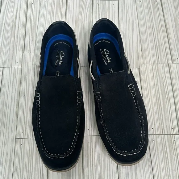 Clarks Noonan Cushioned Moccasins Loafers Slip-On Navy Suede Mens Comfort Shoes
