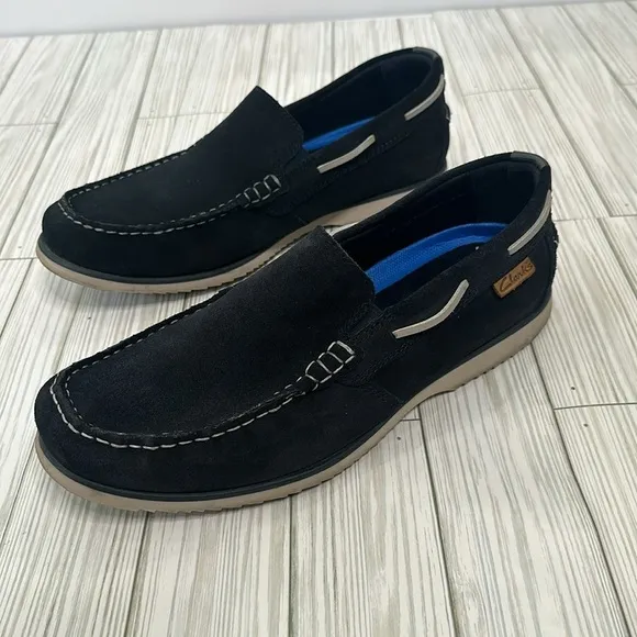 Clarks Noonan Cushioned Moccasins Loafers Slip-On Navy Suede Mens Comfort Shoes