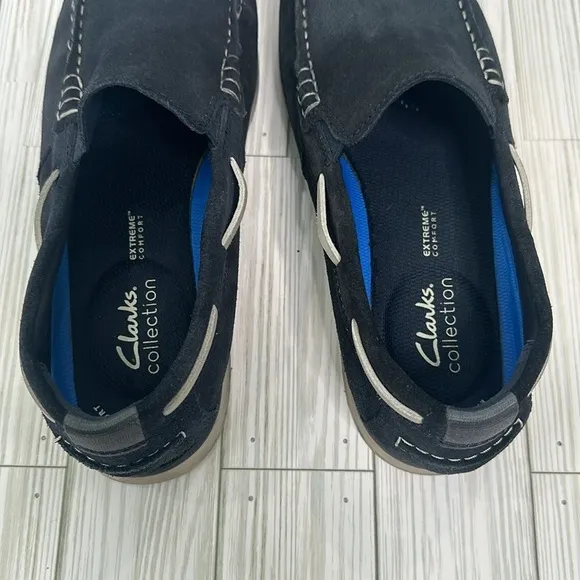 Clarks Noonan Cushioned Moccasins Loafers Slip-On Navy Suede Mens Comfort Shoes