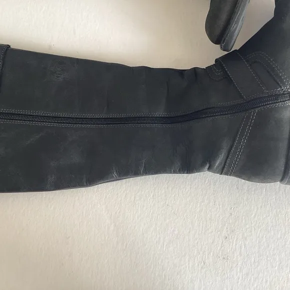 Clarks side zip low block heel leather moto style black boots with buckles 7 Med