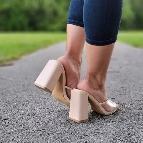 Clear Chunky Block Mid Heel Mule Sandals Nude Color